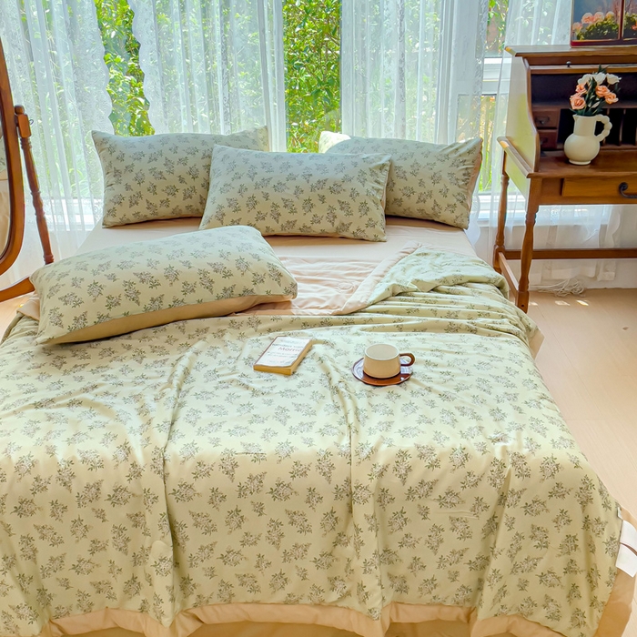 91家纺网 家纺一手货源 找家纺 千朵 2023新款冰激凌莱赛尔纤维系列夏被四件套 柠染绿