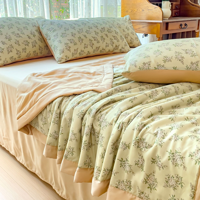 91家纺网 家纺一手货源 找家纺 千朵 2023新款冰激凌莱赛尔纤维系列夏被四件套 柠染绿