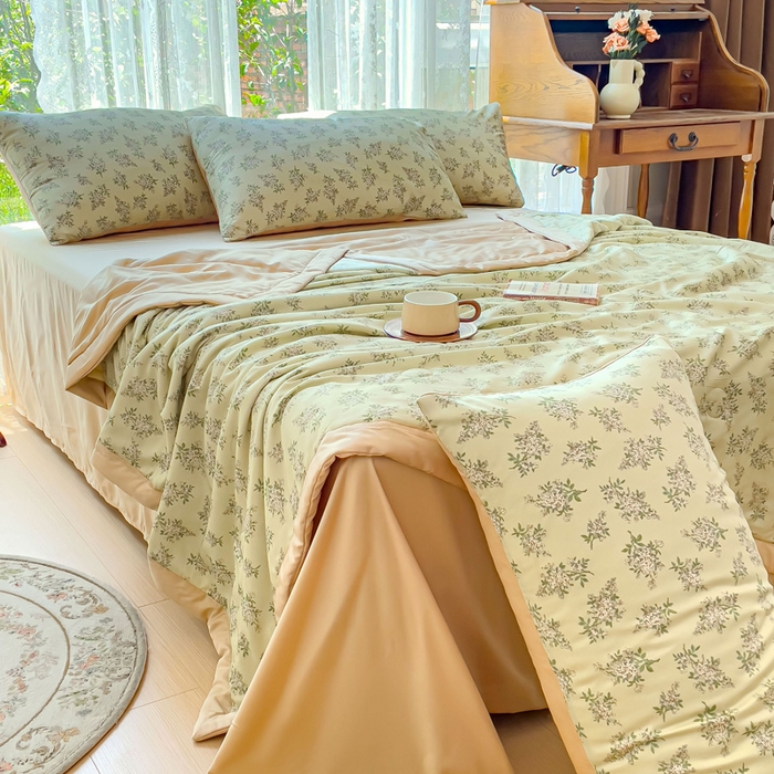 91家纺网 家纺一手货源 找家纺 千朵 2023新款冰激凌莱赛尔纤维系列夏被四件套 柠染绿