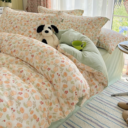 91家纺网 家纺一手货源 找家纺 （总）盛馨家纺 2023新款全棉喷气纯棉床笠印花简约田园风三件套四件套