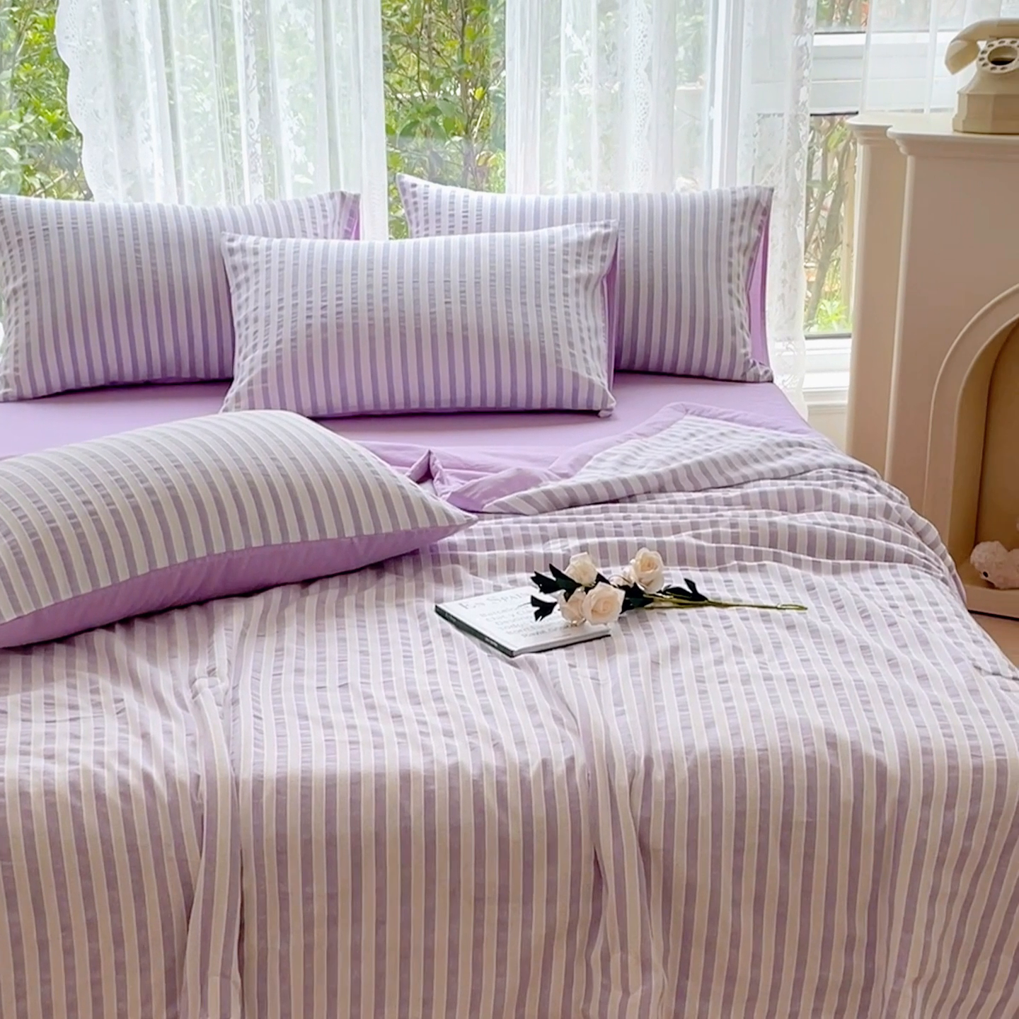 91家纺网 家纺一手货源 找家纺 千朵 2023新款A类全棉色织水洗棉夏被 锦瑟紫