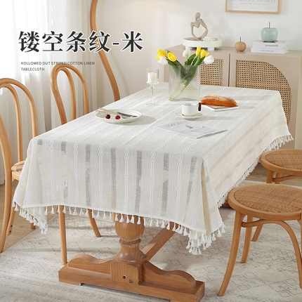 91家纺网 家纺一手货源 找家纺 （总）南通大梧纺织 2023新款简约文艺棉麻镂空条纹系列桌布