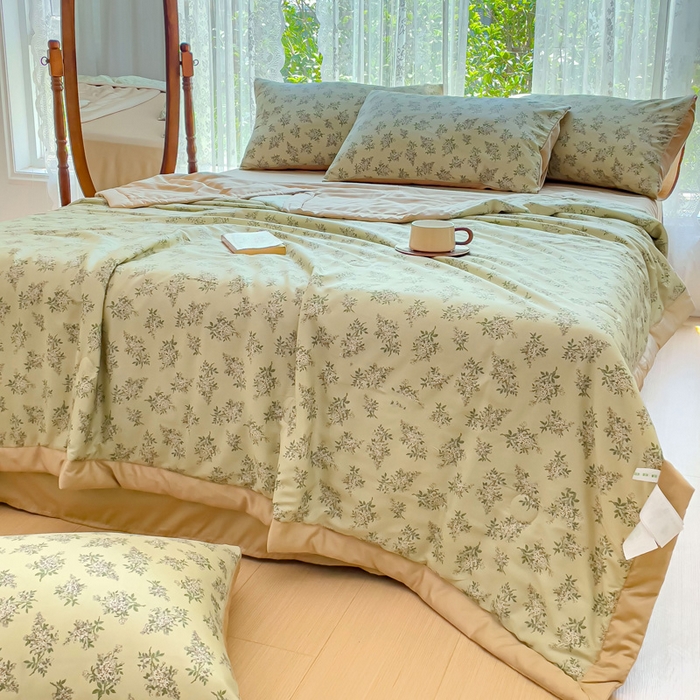 91家纺网 家纺一手货源 找家纺 千朵 2023新款冰激凌莱赛尔纤维系列夏被四件套 柠染绿