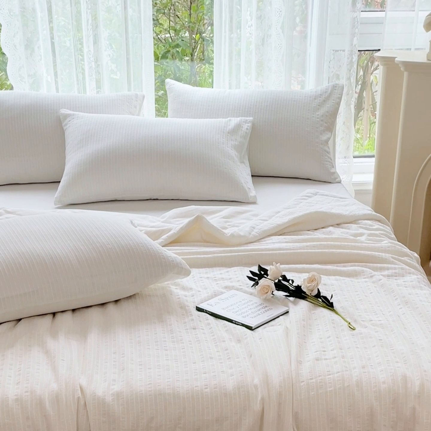 91家纺网 家纺一手货源 找家纺 千朵 2023新款A类全棉色织水洗棉夏被 锦瑟白