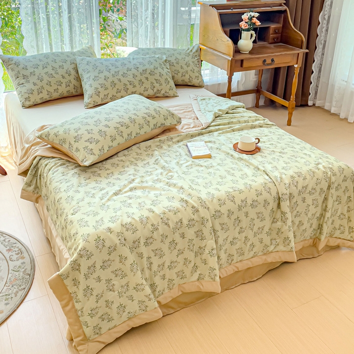 91家纺网 家纺一手货源 找家纺 千朵 2023新款冰激凌莱赛尔纤维系列夏被四件套 柠染绿