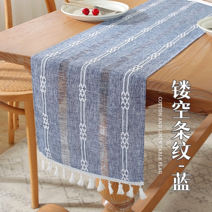 91家纺网 家纺一手货源 找家纺 南通大梧纺织 2023新款简约文艺棉麻镂空条纹系列桌旗 镂空条纹-蓝