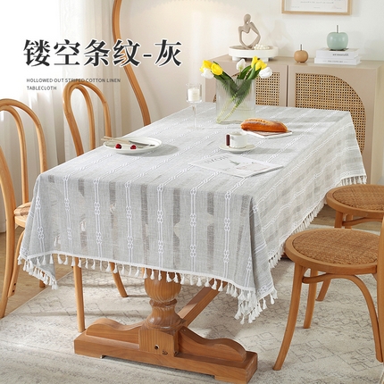 91家纺网 家纺一手货源 找家纺 南通大梧纺织 2023新款简约文艺棉麻镂空条纹系列桌布 镂空条纹-灰