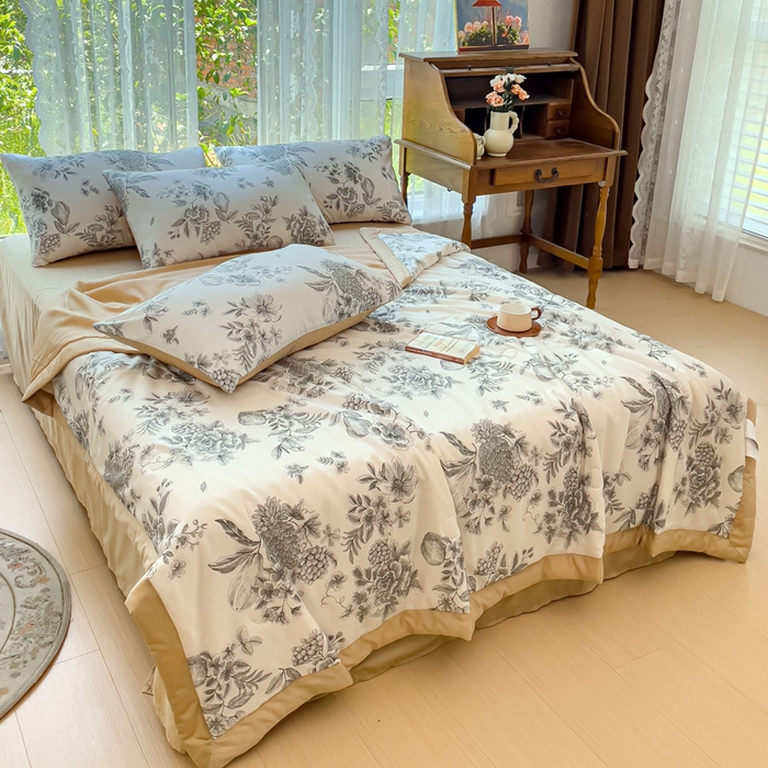 91家纺网 家纺一手货源 找家纺 千朵 2023新款冰激凌莱赛尔纤维系列夏被四件套 恋馨黑