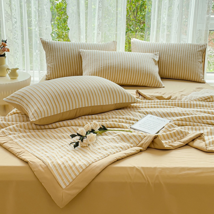 91家纺网 家纺一手货源 找家纺 千朵 2023新款A类全棉色织水洗棉夏被 锦瑟卡其