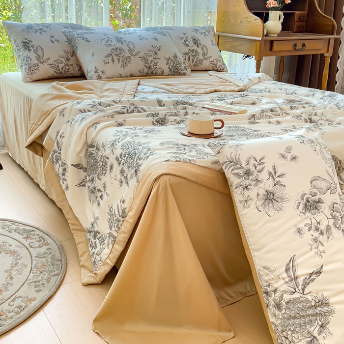 91家纺网 家纺一手货源 找家纺 千朵 2023新款冰激凌莱赛尔纤维系列夏被四件套 恋馨黑