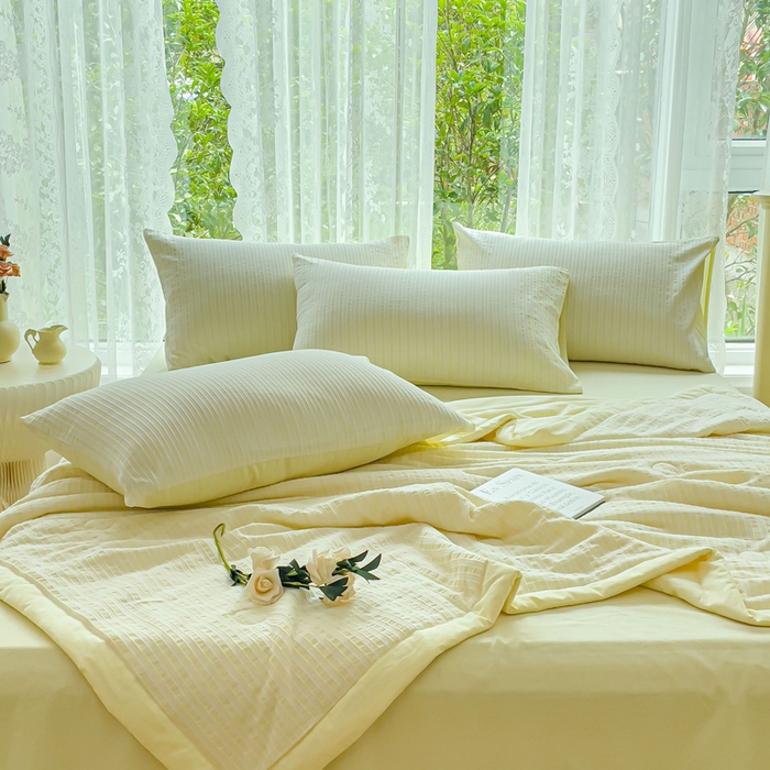 91家纺网 家纺一手货源 找家纺 千朵 2023新款A类全棉色织水洗棉夏被 锦瑟米黄