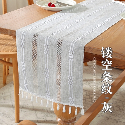 91家纺网 家纺一手货源 找家纺 南通大梧纺织 2023新款简约文艺棉麻镂空条纹系列桌旗 镂空条纹-灰