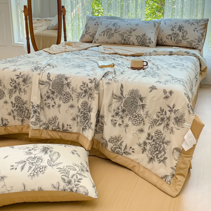 91家纺网 家纺一手货源 找家纺 千朵 2023新款冰激凌莱赛尔纤维系列夏被四件套 恋馨黑