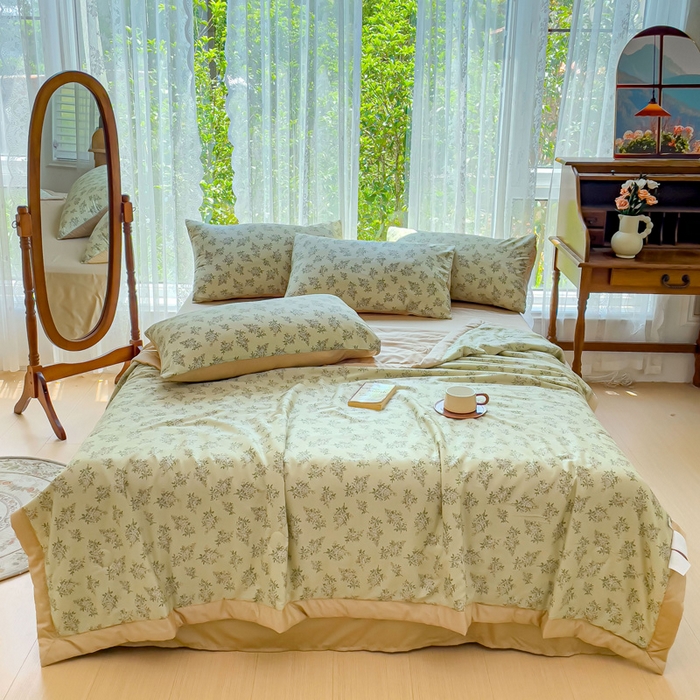 91家纺网 家纺一手货源 找家纺 千朵 2023新款冰激凌莱赛尔纤维系列夏被四件套 柠染绿