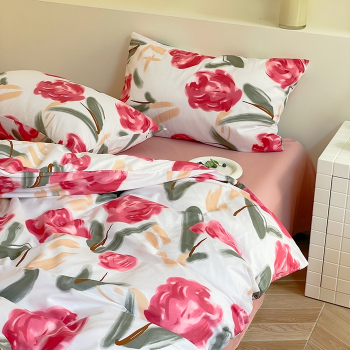 91家纺网 家纺一手货源 找家纺 窝米 2023夏季新品13370全棉四件花卉风系列 月月红