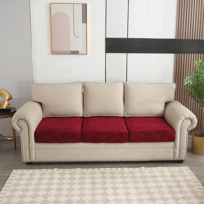 91家纺网 家纺一手货源 找家纺 兴妮雅家纺 2023新款大树叶防水弹力立体浮雕提花组合沙发坐垫套 酒红