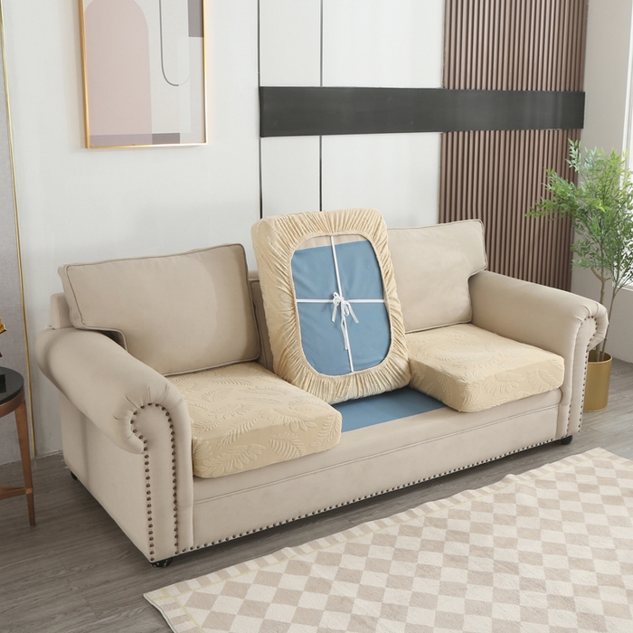 91家纺网 家纺一手货源 找家纺 兴妮雅家纺 2023新款大树叶防水弹力立体浮雕提花组合沙发坐垫套 米黄