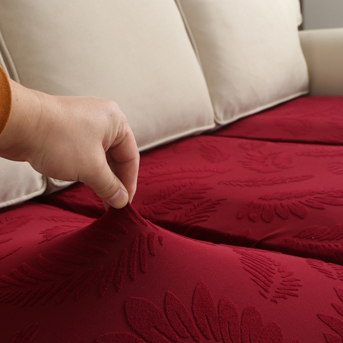 91家纺网 家纺一手货源 找家纺 兴妮雅家纺 2023新款大树叶防水弹力立体浮雕提花组合沙发坐垫套 酒红