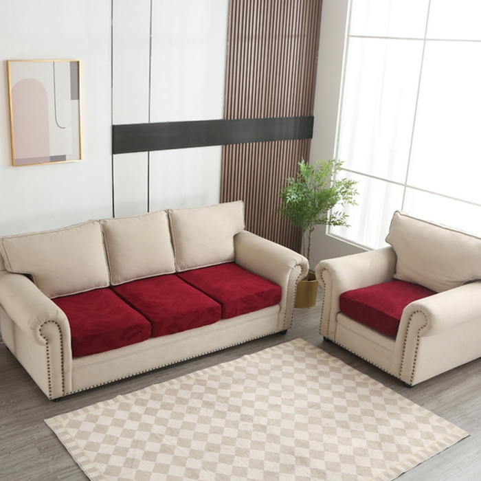 91家纺网 家纺一手货源 找家纺 兴妮雅家纺 2023新款大树叶防水弹力立体浮雕提花组合沙发坐垫套 酒红