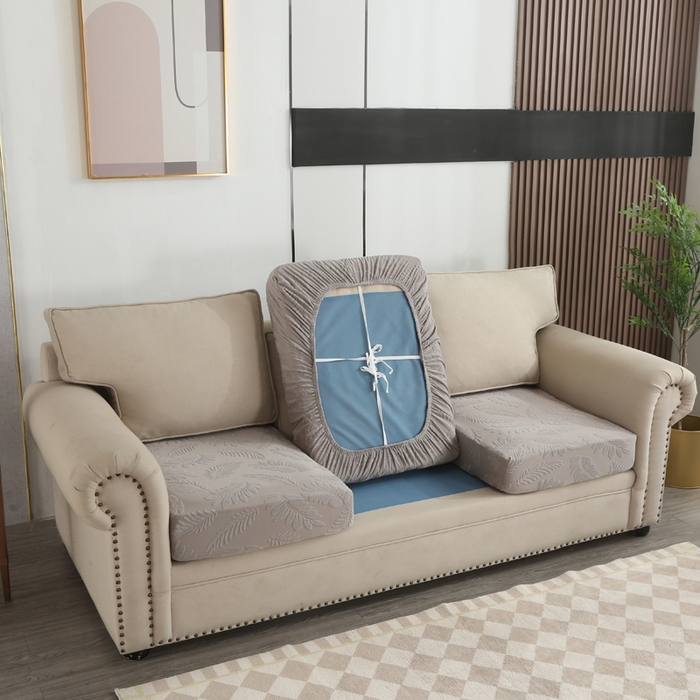 91家纺网 家纺一手货源 找家纺 兴妮雅家纺 2023新款大树叶防水弹力立体浮雕提花组合沙发坐垫套 浅灰