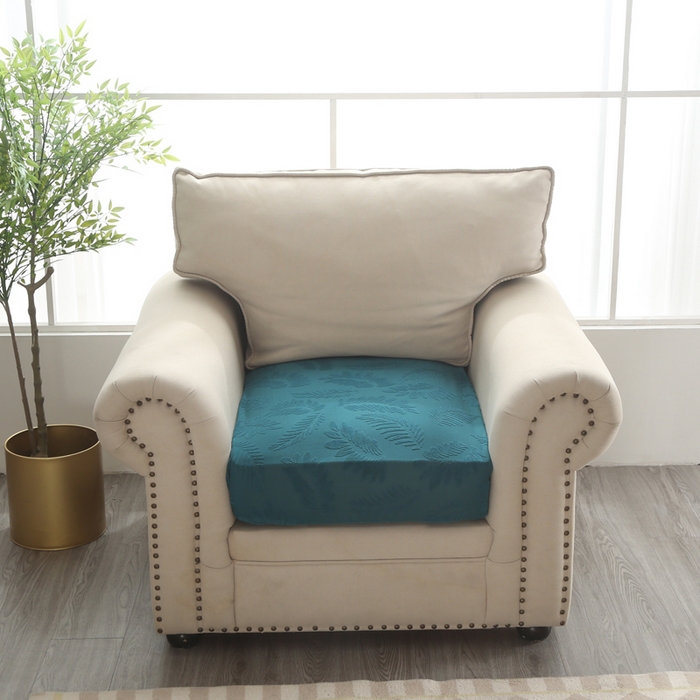 91家纺网 家纺一手货源 找家纺 兴妮雅家纺 2023新款大树叶防水弹力立体浮雕提花组合沙发坐垫套 孔雀蓝