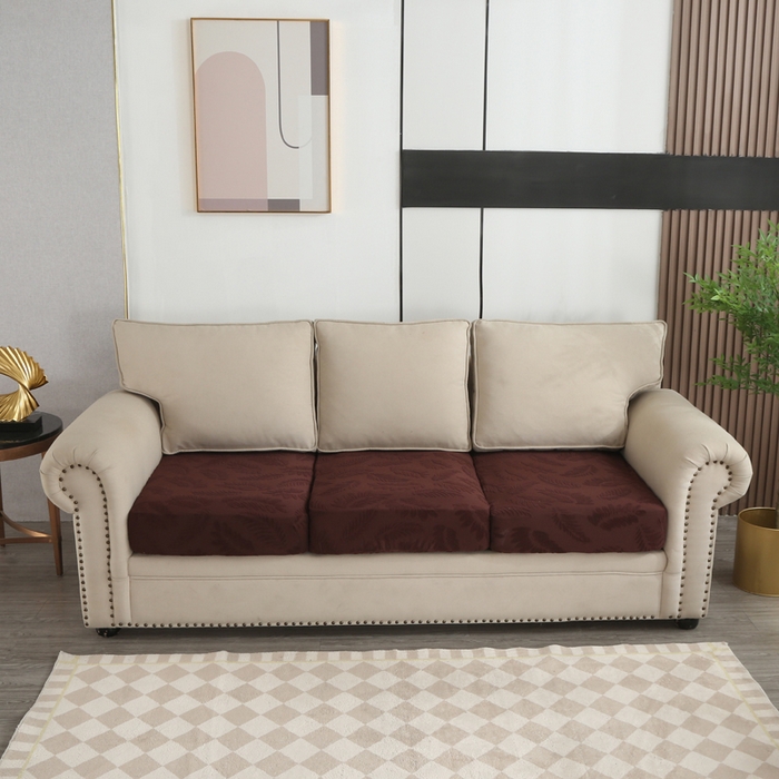 91家纺网 家纺一手货源 找家纺 兴妮雅家纺 2023新款大树叶防水弹力立体浮雕提花组合沙发坐垫套 咖啡