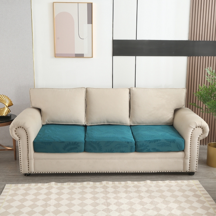 91家纺网 家纺一手货源 找家纺 兴妮雅家纺 2023新款大树叶防水弹力立体浮雕提花组合沙发坐垫套 孔雀蓝