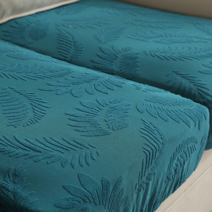 91家纺网 家纺一手货源 找家纺 兴妮雅家纺 2023新款大树叶防水弹力立体浮雕提花组合沙发坐垫套 孔雀蓝