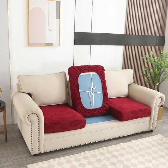 91家纺网 家纺一手货源 找家纺 兴妮雅家纺 2023新款大树叶防水弹力立体浮雕提花组合沙发坐垫套 酒红