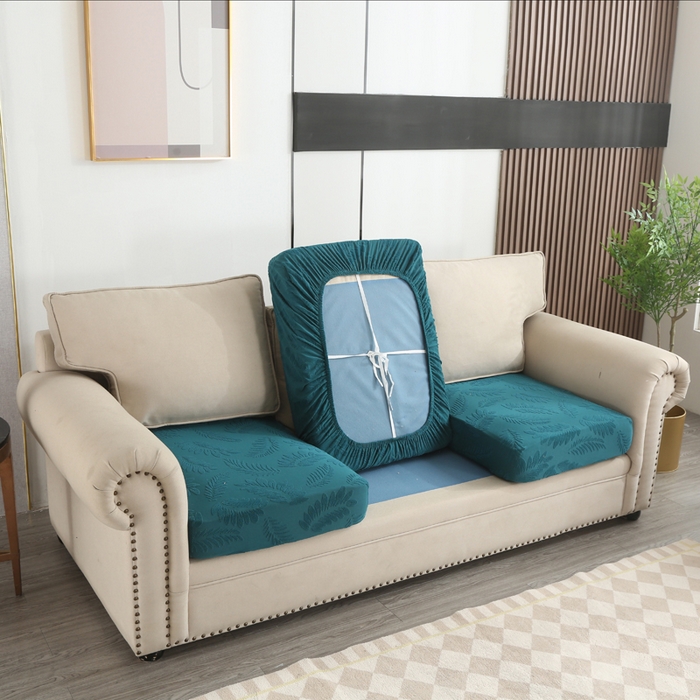 91家纺网 家纺一手货源 找家纺 兴妮雅家纺 2023新款大树叶防水弹力立体浮雕提花组合沙发坐垫套 孔雀蓝