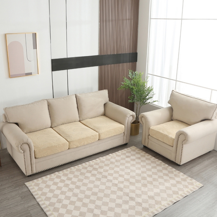 91家纺网 家纺一手货源 找家纺 兴妮雅家纺 2023新款大树叶防水弹力立体浮雕提花组合沙发坐垫套 米黄