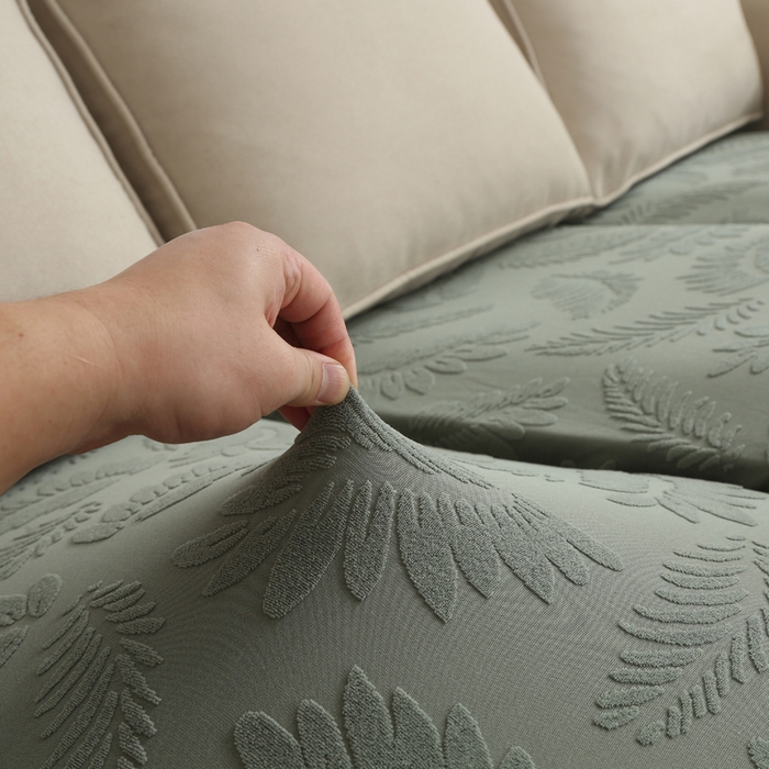 91家纺网 家纺一手货源 找家纺 兴妮雅家纺 2023新款大树叶防水弹力立体浮雕提花组合沙发坐垫套 抹茶绿