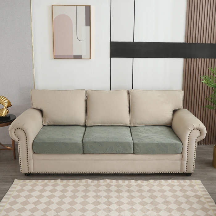 91家纺网 家纺一手货源 找家纺 兴妮雅家纺 2023新款大树叶防水弹力立体浮雕提花组合沙发坐垫套 抹茶绿