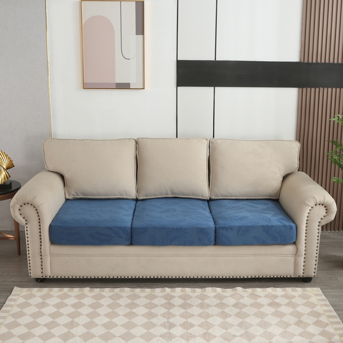 91家纺网 家纺一手货源 找家纺 兴妮雅家纺 2023新款大树叶防水弹力立体浮雕提花组合沙发坐垫套 宝蓝