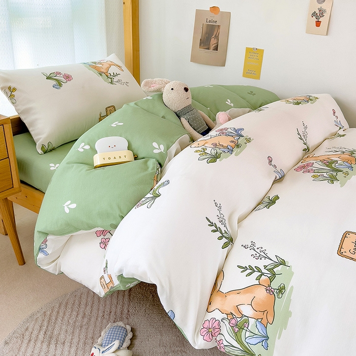 91家纺网 家纺一手货源 找家纺 芃成家纺 2023新款全棉13070卡通印花学生三件套 花园兔