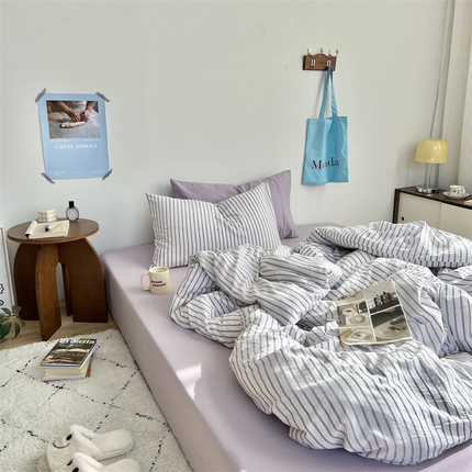 91家纺网 家纺一手货源 找家纺 六巷胡同 2023新款多巴胺博主风条纹四件套-实拍组 丁香紫条