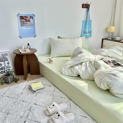 91家纺网 家纺一手货源 找家纺 六巷胡同 2023新款多巴胺博主风条纹四件套-实拍组 荧光绿条