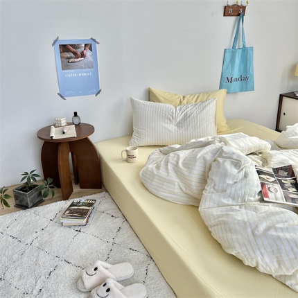 91家纺网 家纺一手货源 找家纺 六巷胡同 2023新款多巴胺博主风条纹四件套-实拍组 嫩鹅黄条