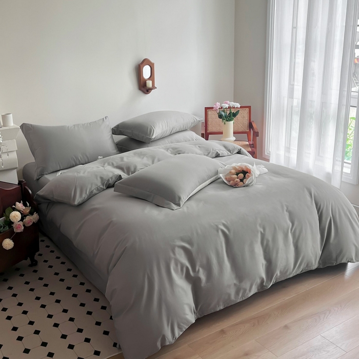 91家纺网 家纺一手货源 找家纺 艾迪尚家纺 2025新款100s生态全棉纯色磨毛四件套 灰卡