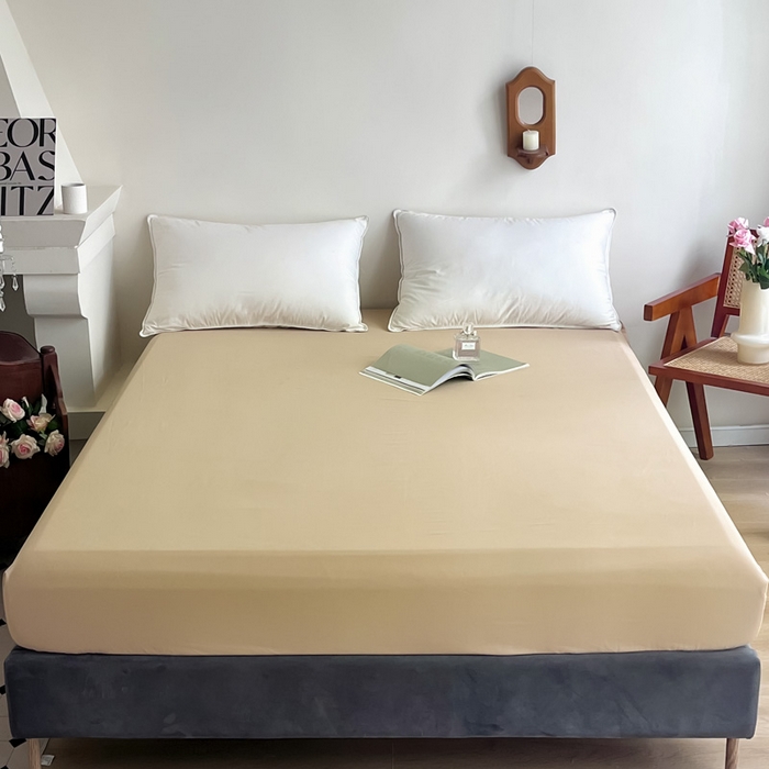 91家纺网 家纺一手货源 找家纺 艾迪尚2025新款100s生态全棉纯色磨毛单品床笠 杏仁米配奶油咖