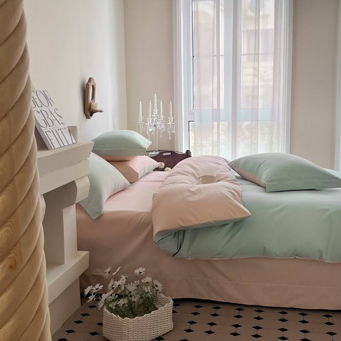 91家纺网 家纺一手货源 找家纺 艾迪尚家纺2025新款100s生态全棉纯色磨毛四件套阿克曼绿樱草粉