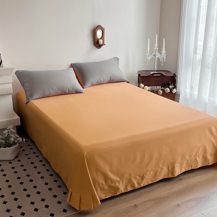 91家纺网 家纺一手货源 找家纺 艾迪尚家纺 2025新款100s生态全棉纯色磨毛单品床单 灰卡—可可橘