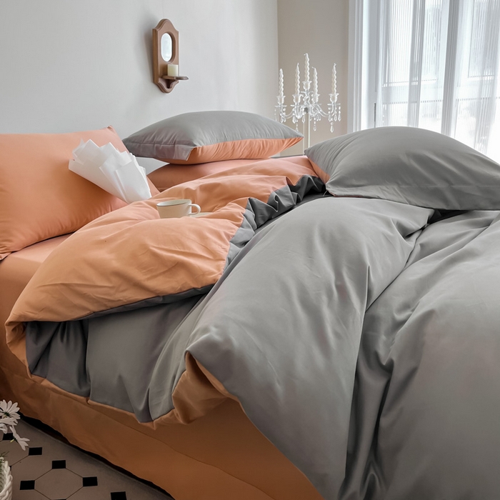 91家纺网 家纺一手货源 找家纺 艾迪尚家纺 2025新款100s生态全棉纯色磨毛四件套 灰卡—可可橘