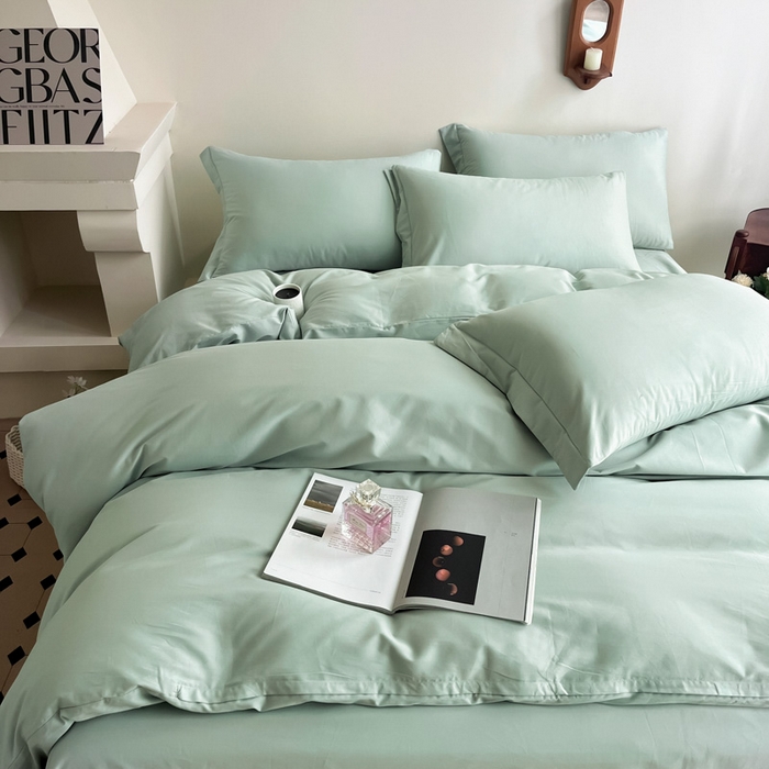 91家纺网 家纺一手货源 找家纺 艾迪尚家纺 2025新款100s生态全棉纯色磨毛四件套 阿克曼绿