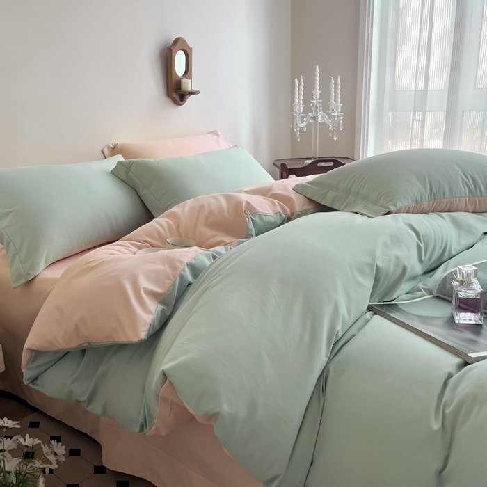 91家纺网 家纺一手货源 找家纺 艾迪尚家纺2025新款100s生态全棉纯色磨毛四件套阿克曼绿樱草粉