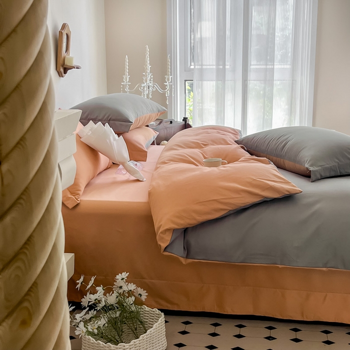 91家纺网 家纺一手货源 找家纺 艾迪尚家纺 2025新款100s生态全棉纯色磨毛四件套 灰卡—可可橘