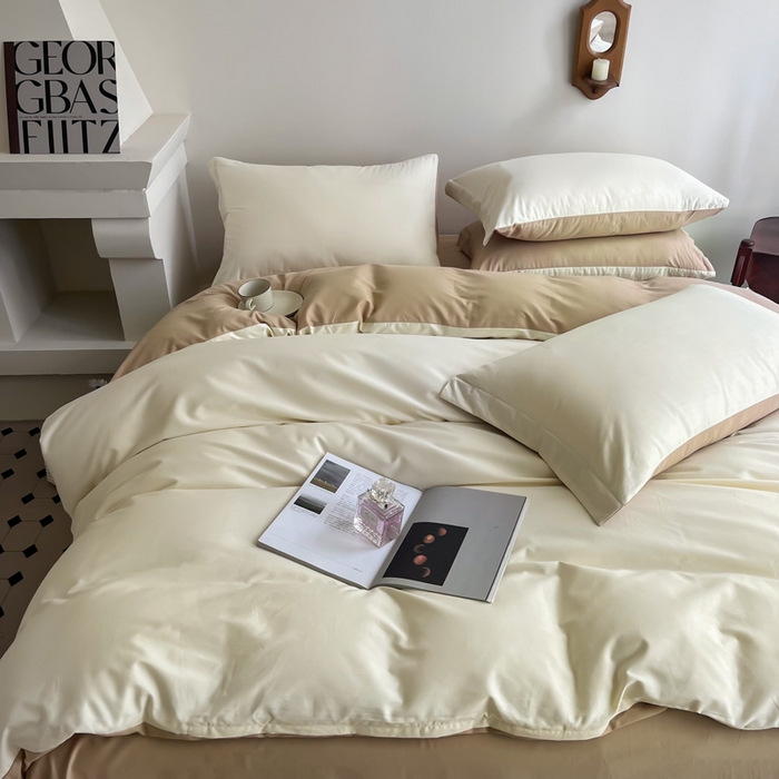 91家纺网 家纺一手货源 找家纺 艾迪尚家纺 2025新款100s生态全棉纯色磨毛四件套 杏仁米配奶油咖