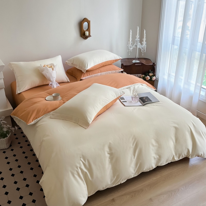 91家纺网 家纺一手货源 找家纺 艾迪尚家纺 2025新款100s生态全棉纯色磨毛四件套 杏仁米配天橙色