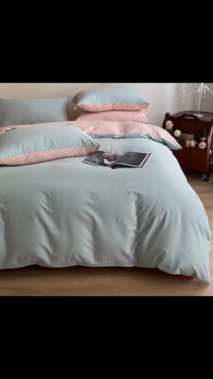 91家纺网 家纺一手货源 找家纺 艾迪尚家纺2025新款100s生态全棉纯色磨毛四件套阿克曼绿樱草粉