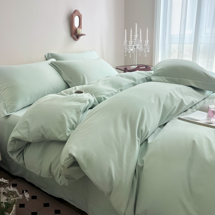 91家纺网 家纺一手货源 找家纺 艾迪尚家纺 2025新款100s生态全棉纯色磨毛四件套 阿克曼绿